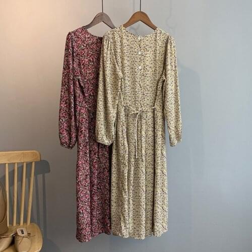 2020 Flower Print O-Neck Long Sleeve Casual Loose Style Women Vintage Midi Length Dress Elegant Vestidos