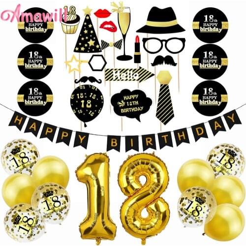 Amawill Gold Adult 18th Birthday Decorations 32inch Number Balloons Happy Birthday Banner Black Photo Booth Props Stickers 8D