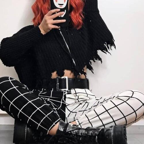 Summer Womens High Waist Black and White Checkerboard Pattern Elastic Waist Pocket Stretch Harem Pants For Ladies Hot Sale