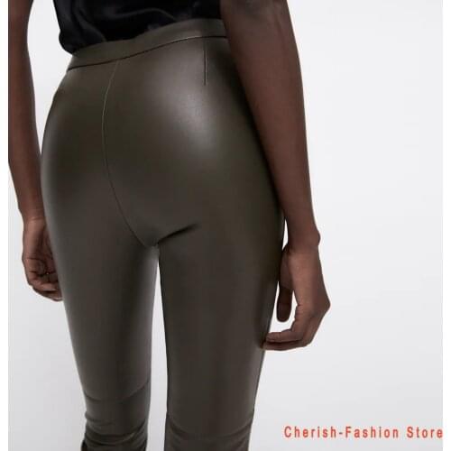 Women dark green faux leather suit pants high waist pants sashes pockets 2020 office ladies pu leather trousers Elegant Pocket