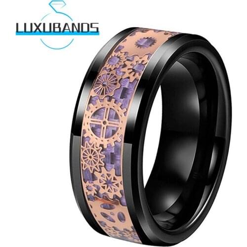 Black Men Womens Tungsten Wedding Bands 8MM Beveled Rose Gold GearPurple Carbon Fiber Inlay Polished Finished Comfort Fit