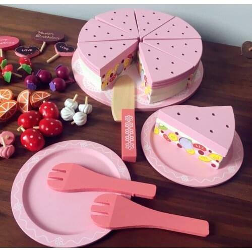 40PCS Wooden Kitchen Cooking Toys for Children Kitchen Food Toys Strawberry Birthday Cake Cut Fruit Toys Christmas Gifts GW77