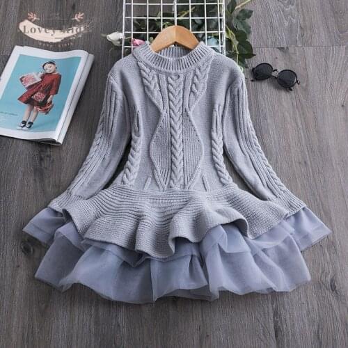 2020 Winter Warm Baby Girl Dress 2-7Year Knitting Mesh Patchwork Toddler Infant Tutu Dresses Princess Long Sleeve Solid Costume