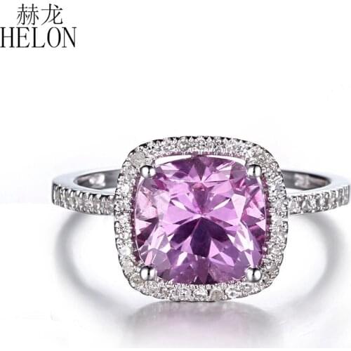HELON Solid 14K White Gold Flawless Cushion 8x8mm Pink Topaz & Diamonds Romantic jewelry Ring Setting wedding engagement Ring