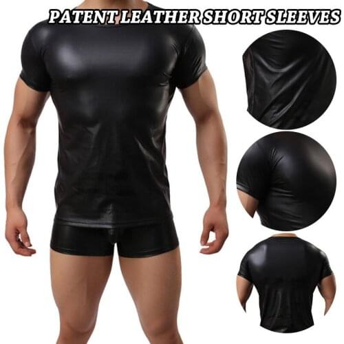 Mens Faux Leather T-shirt Round Neck Short Sleeve Tight Top Showing Your Shape H9