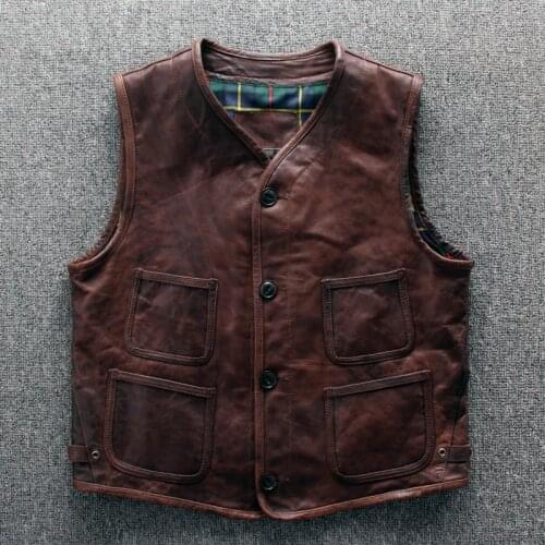 Japanese Vintage Mens Genuine Leather Sheepskin Sleeveless Jackets Biker Vest Casual Waistcoat High Quality