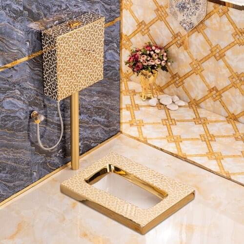 Gold squatting pan household squatting pit flush tank set toilet color gold anti blocking and odor proof urinal