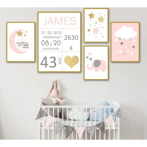 Nursery Canvas Custom Name Birthday Printed Poster Cloud Elephant Wall Art Painting Cartoon Poster Wall Pictures For Kids Rooms