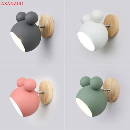 Nordic childrens bedroom lamp creative background Wood wall lamp cartoon macaron bedside wall lamp