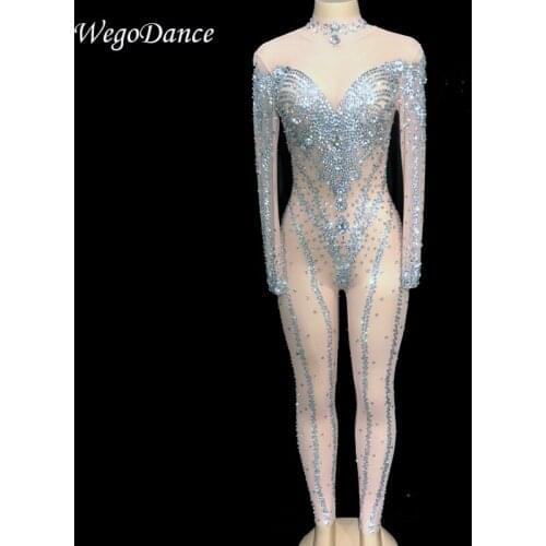 New Hot Sell mesh Women Sexy Bling Jumpsuit Silver Sparkling Crystals Bodysuit Nightclub Party singer Show costume