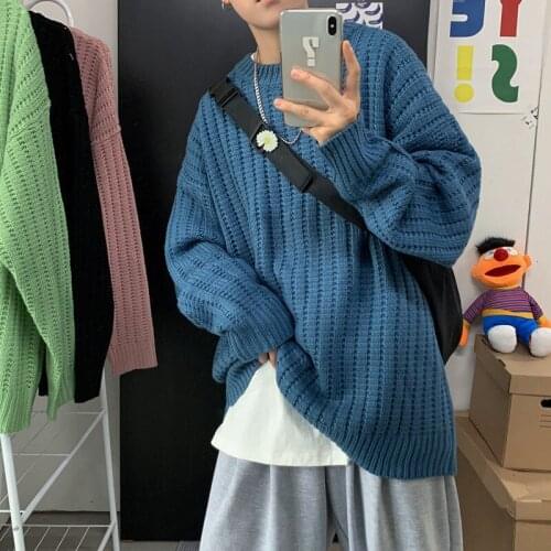Autumn Warm Solid Mens Sweaters Korean Men Oversized Knitted Pullovers Harajuku Casual Sweater Tops Man Clothes