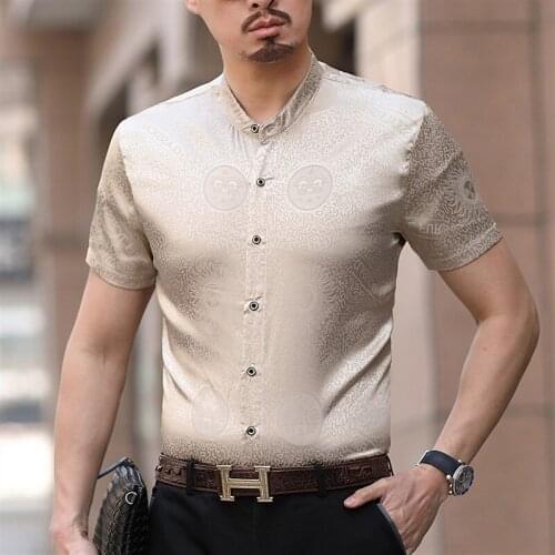 New Mens Silk Short Sleeve Shirt Casual Loose Oversize Chinese Style Top Jacquard Stand Collar