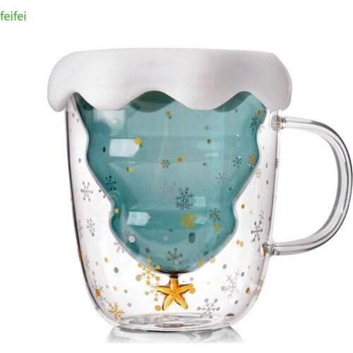 Double Wall Glass Christmas Tree Star Cup Coffee Cup Milk Juice Mug Childrens Christmas Gift Creative 3D Anti-Scalding Cup