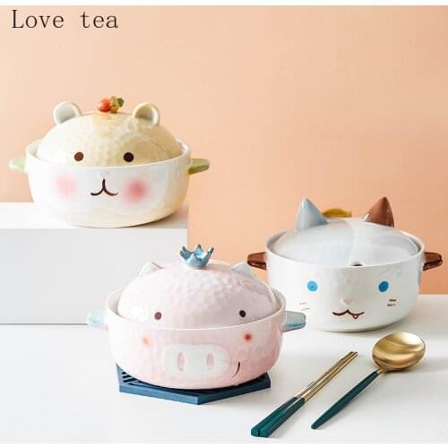 Japanese ceramic instant noodle bowl creative cartoon student dormitory with lid instant noodle bento box soup bowl chopsticks