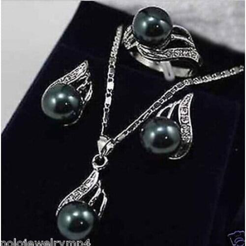 Jewelry Black Pearl Bow Pendant Necklace Earring Set AAA shipping free