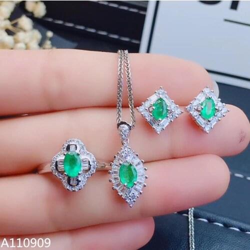 KJJEAXCMY boutique jewelry 925 sterling silver inlaid Natural Emerald Ring Necklace Earring Set Support inspection