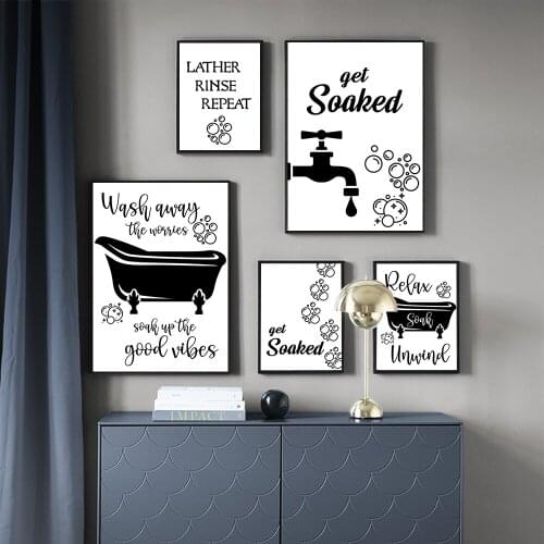 Funny Bathroom Sign Wall Art Canvas Painting Nordic Black White Qoute Wash Away Worries Poster Prints Washroom Pictures Decor