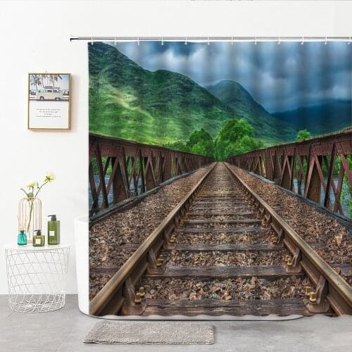 Deep Mountain Railway Shower Curtain 3D Railway Track Scenery Bathroom Shower Curtains Hooks Background Wall Cloth Home Decor