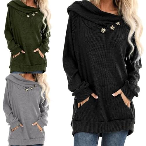 Women Long Sleeve Button Cowl Neck Hoodies Solid Color Loose Tunic Sweatshirt