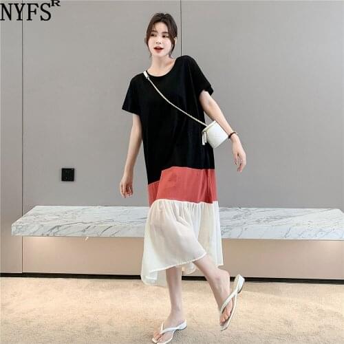 NYFS Summer Dress 2021 Korean New Short Sleeve Woman Dress Vestidos Robe Elbise Large size Patchwork Long Dress
