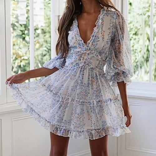 2021 Boho Inspired Floral Print Ruffle Dress women backless V-neck dress women mini plus size dresse Elegant Party Dresses