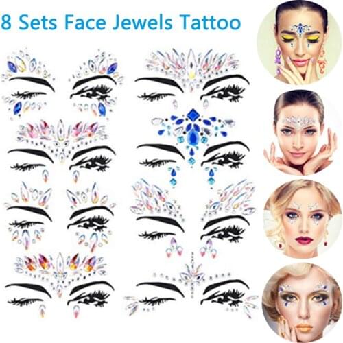 8 Sets Rhinestone Mermaid Face Jewels Tattoo Stickers Crystal Tears Gems Temporary Jewels Festival Party Body Glitter Stickers