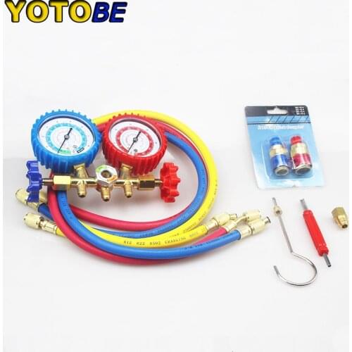 AC H/L R134 Quick Couplers Refrigerant R12 R22 R502 and R134a A/C Manifold Brass Gauge Set with 3pcs Charging Hoses
