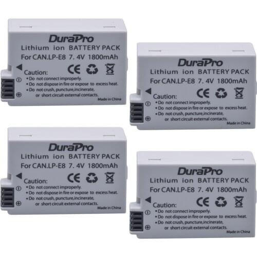 4 pcs x DuraPro 1800mAH LP-E8 LP E8 LPE8 Rechargeable Camera Battery For Canon EOS 550D 600D 650D 700D kiss X4 X5 X6i X7i