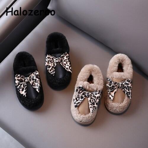 Winter Kids Fur Snow Boots Baby Girls Bow Ankle Boots Children Leopard Brand Shoes Toddler Black Dress Shoes Princess Warm Boots