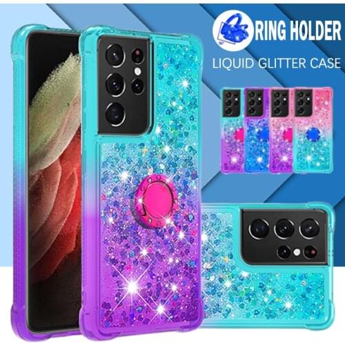 For Samsung Galaxy S21 S20 FE Ultra S10 S9 S8 Plus Case Clear Liquid Glitter Ring Cover