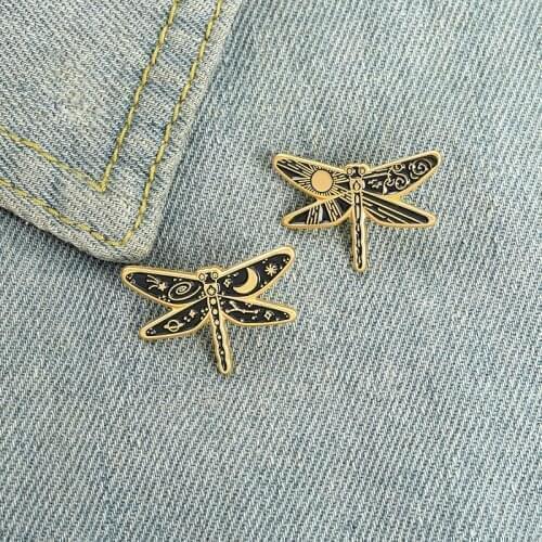 Sun Moon Dragonfly Enamel Pins Custom Day and Night Insect Brooches Shirt Lapel Badge Bag Gothic Punk Jewelry Gift for Friends