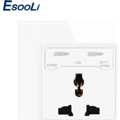 Esooli 86 Type Crystal Glass Panel 13A 250V Universal Socket With Dual USB Charge Port Output 2.1A With LED Indicator