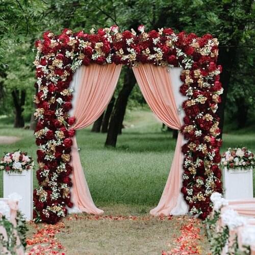 Custom burgundy wine red rose peonies hydrangea golden leaf plants artificial flower row ball decor party wedding arch backdrop