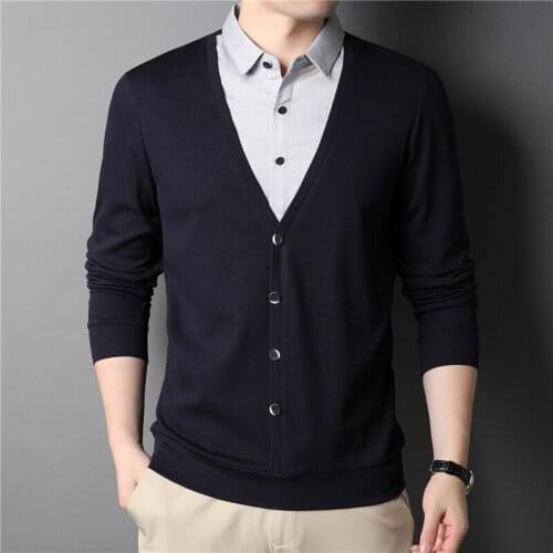 New Autumn Mens Casual Fake Two-piece Knitted Cardigan Classic Style Business Fashion Shirt Collar Slim-fit Sweater Male Brand