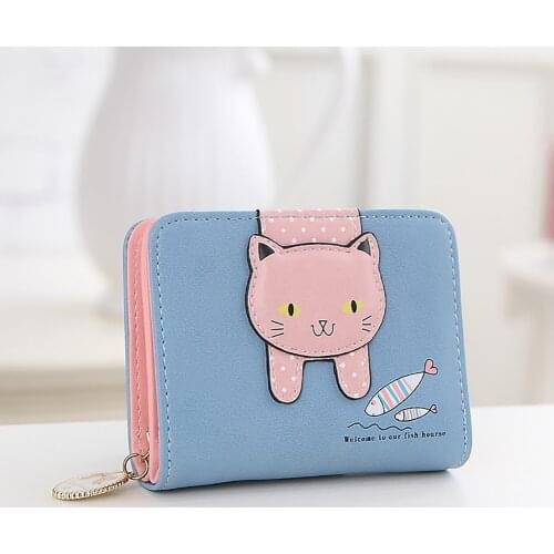 Short Cartoon Gift Zipper Closure PU Leather Portable Card Money Hasp Coin Cute Cat Folding Women Wallet