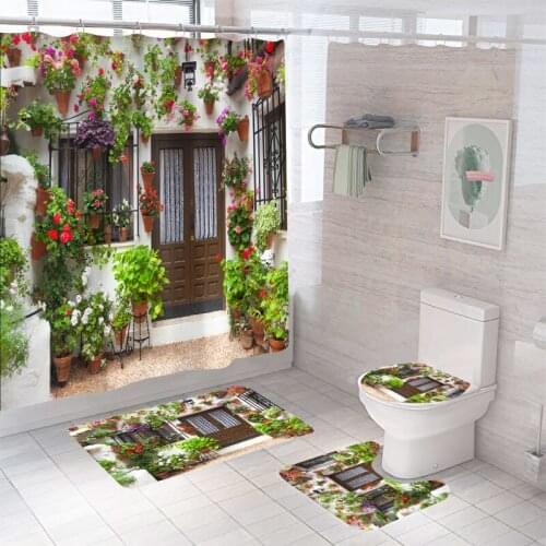 Home Decor Bathing Waterproof Shower Curtain Set with 12 Hooks Toilet Covers Bath Mats Bathroom Non-slip Rug Carpet Polyester