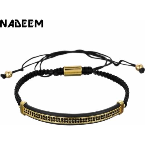2019 New Luxury Black CZ Zircon Long Tubes Moon Charm Copper Beads Brading Macrame Men Bracelet & Bangles For Women Men Jewelry