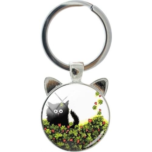 NEW personality cartoon black cat novelty men and women accessories keychain handmade silver-plated cat ears keychain