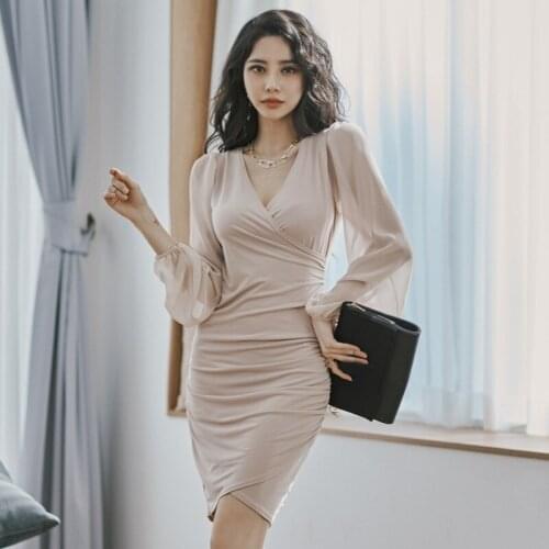 New arrival comfortable fashion perspective sleeves v-neck high quality solid sexy vintage elegant fresh mini pencil dress