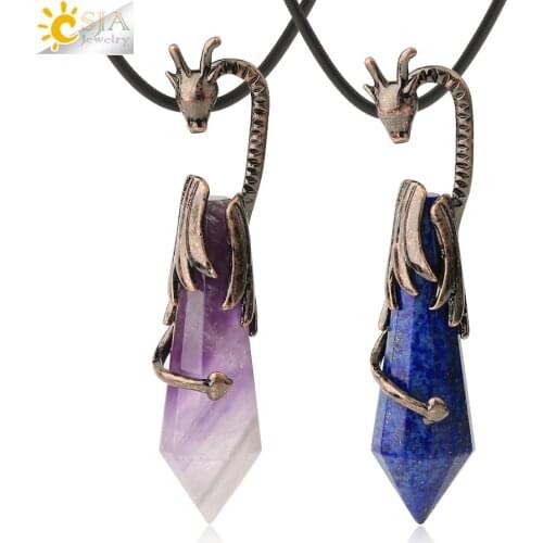 CSJA Vintage Pendant Necklaces Natural Crystal Faceted Stones Healing Point Antique Copper Plated Dragon Pendants Men Women G588