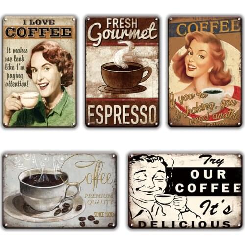 Shabby Chic Hot Coffee Time Iron Painting Vintage Coffee Metal Poster Tin Sign Restaurant Cafe Kitchen Home Decor Wall Stickers