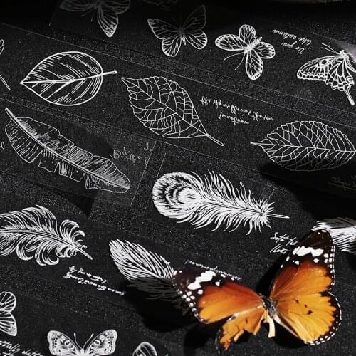 30mm Romantic field feather butterfly Hibiscus plant branch leaves white ink handbook decoration PET tape DIY scrapbooking stick