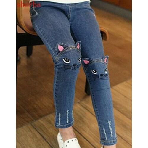 Shorha Girls Leggings Fashion Cartoon Cat Girls Jeans Pants Autumn Children Pencil Pants Kids Trousers 2018
