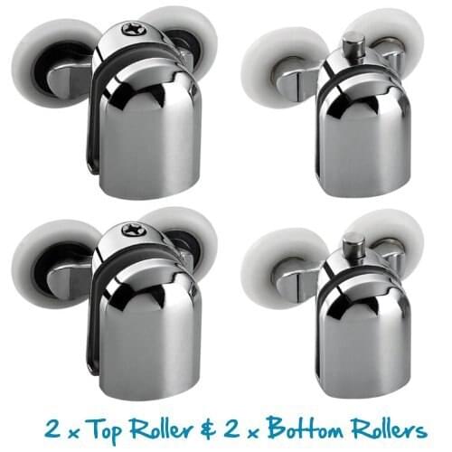 Replacement Shower Door Fixing Wheels in Chrome - 2x Top & 2x Bottom - Fits Glass 6-8mm
