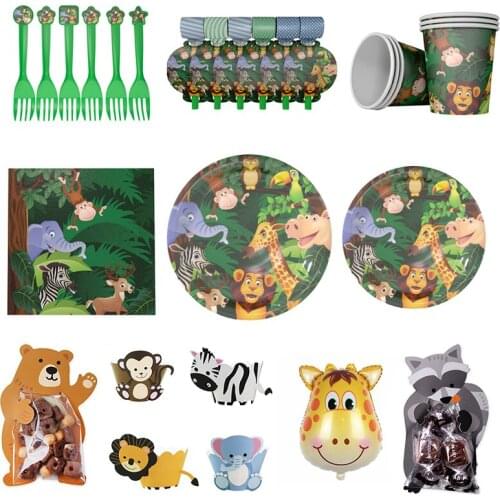 Forest Animal Theme Children Birthday Party Disposable Tableware Set Cartoon Kangaroo Lion Plates Cup Blowout Decoration Supply