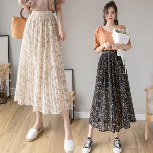 2021 Summer Women Fashion Chiffon Skirt Mid-calf Length Floral Print High Waist Korean Style Casual Elegant Pleated Skirts Y153