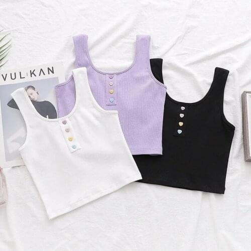 Summer Sleeveless Stretch Crop tops For Women Buttons Basic Casual Tank top Lady Slim High waist Sexy Tee top White Purple Black
