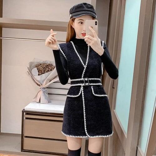 Faux Woolen Vest Women Spring Autumn Korean Slim Medium Long With Belt Sleeveless Waistcoat New Fashion Ladies Vests Mujer