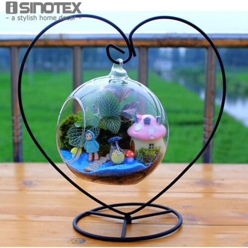 1Pcs Hot Sale Handmade Ball Vase Heart Shape Iron Stand Simple Stylish Hanging Glass Plant Vase Home Decor Black Color