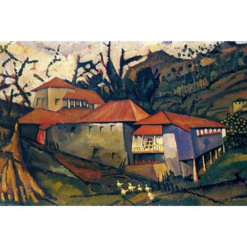 100% Handpainted Modern Abstract Art Painting - Brook House, Souza-Cardoso Famous Oil Painting for Living Room, Horizontal